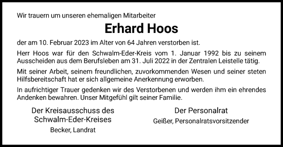 Traueranzeige von Erhard Hoos von HNA