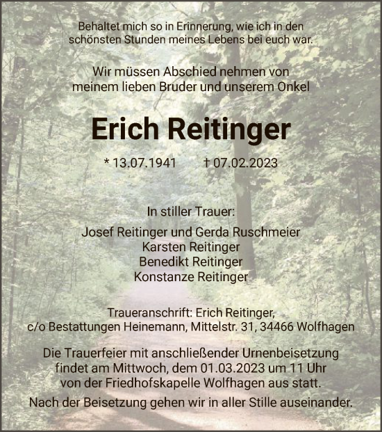 Traueranzeige von Erich Reitinger von HNA