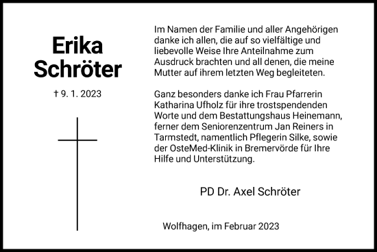 Traueranzeige von Erika Schröter von HNA