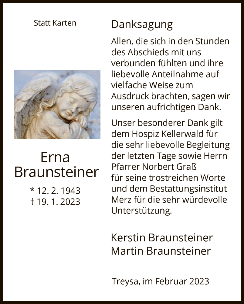  Traueranzeige für Erna Braunsteiner vom 18.02.2023 aus HNA