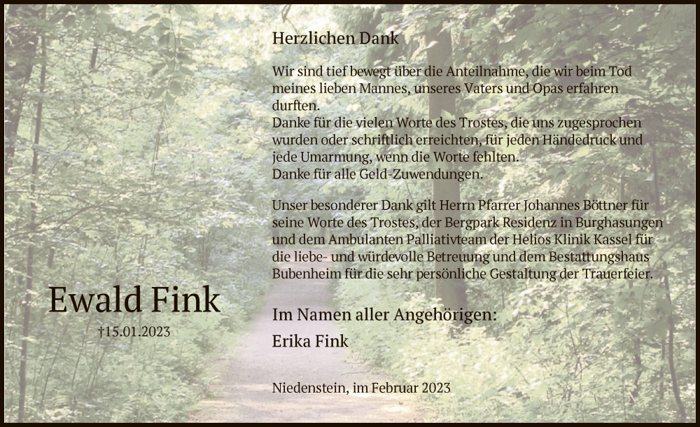  Traueranzeige für Ewald Fink vom 18.02.2023 aus HNA