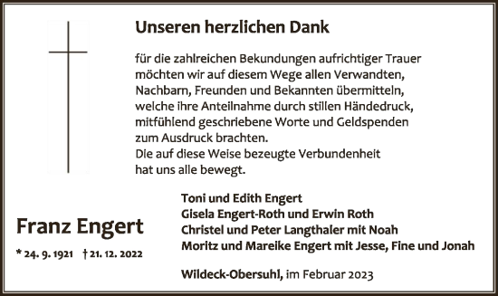 Traueranzeige von Franz Engert von HNA