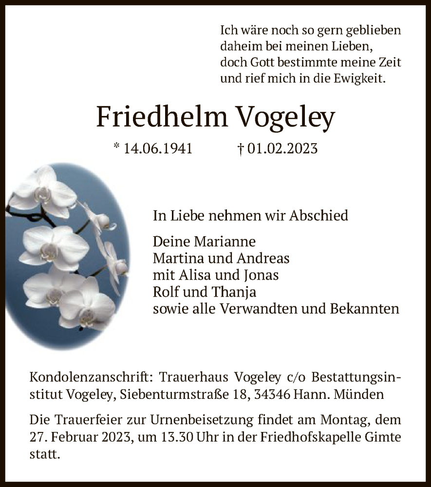  Traueranzeige für Friedhelm Vogeley vom 18.02.2023 aus HNA