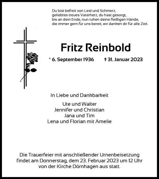 Traueranzeige von Fritz Reinbold von HNA