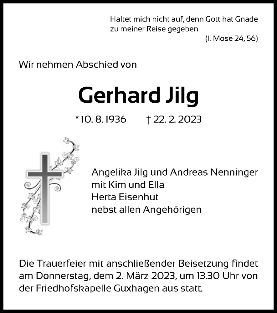  Traueranzeige für Gerhard Jilg vom 28.02.2023 aus HNA