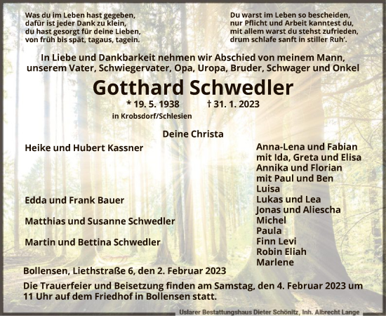 Todesanzeige von Gotthard Schwedler von HNA