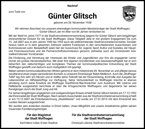Traueranzeige von Günter Glitsch von HNA