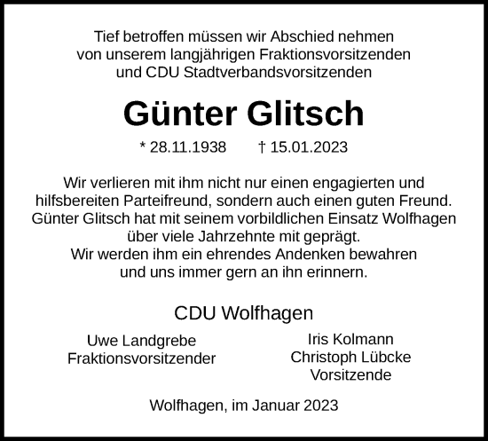 Traueranzeige von Günter Glitsch von HNA