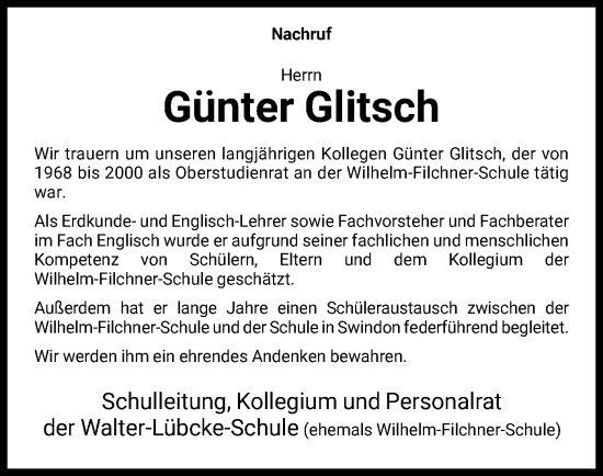 Traueranzeige von Günter Glitsch von HNA