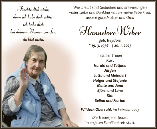 Traueranzeige von Hannelore Weber von HNA