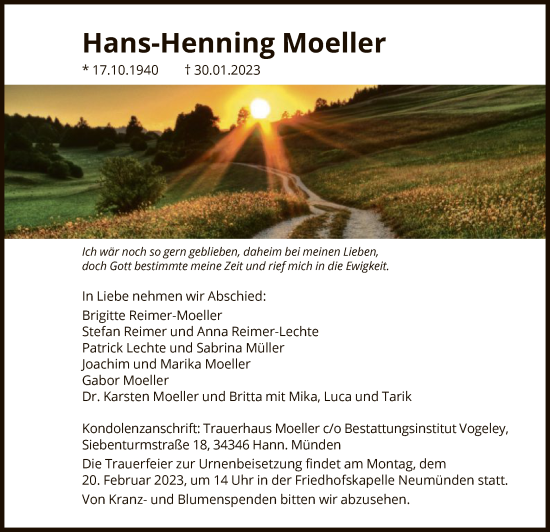 Traueranzeige von Hans-Henning Moeller von HNA