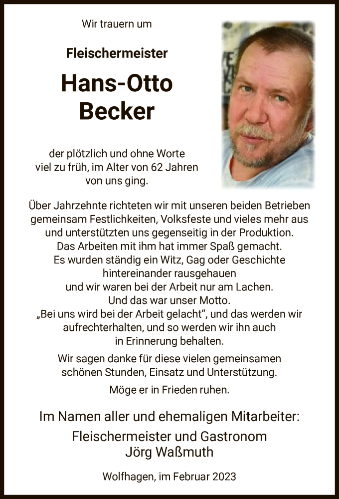  Traueranzeige für Hans-Otto Becker vom 11.02.2023 aus HNA