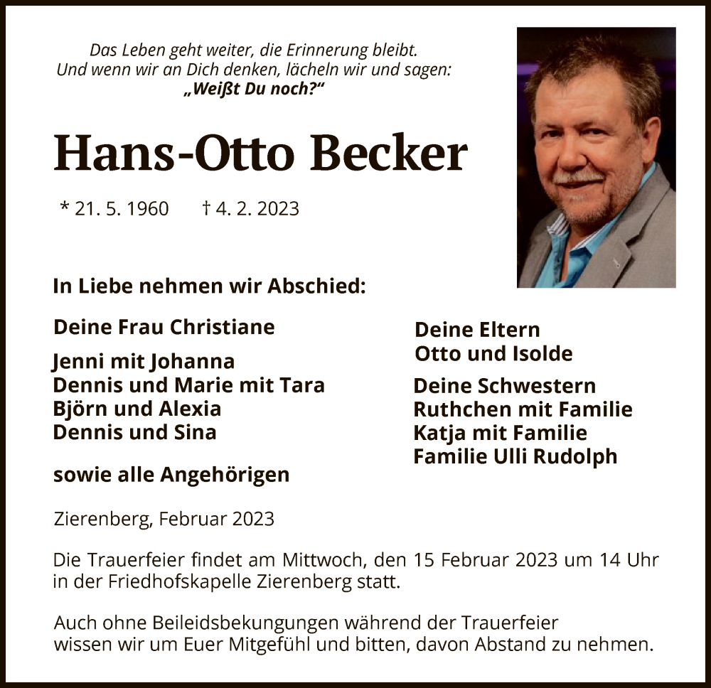  Traueranzeige für Hans-Otto Becker vom 11.02.2023 aus HNA