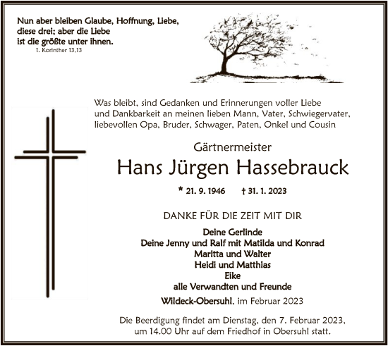 Traueranzeige von Hans Jürgen Hassebrauck von HNA