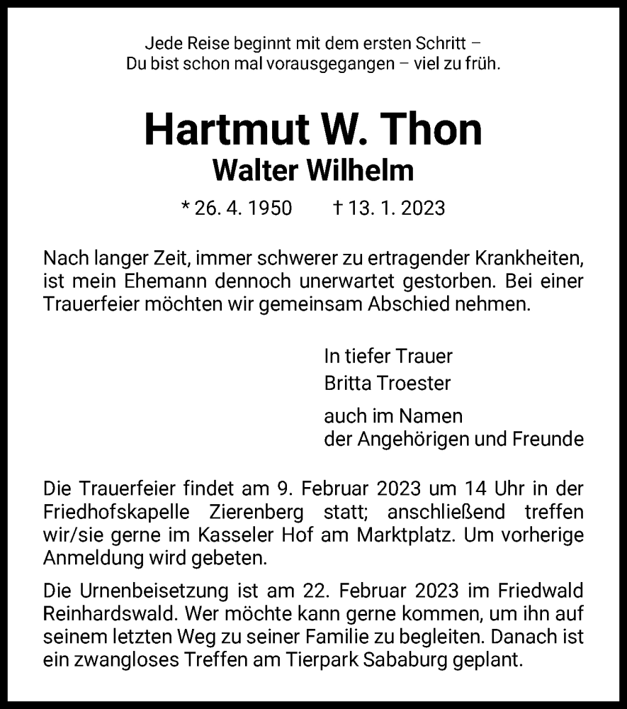  Traueranzeige für Hartmut W. Thon vom 04.02.2023 aus HNA