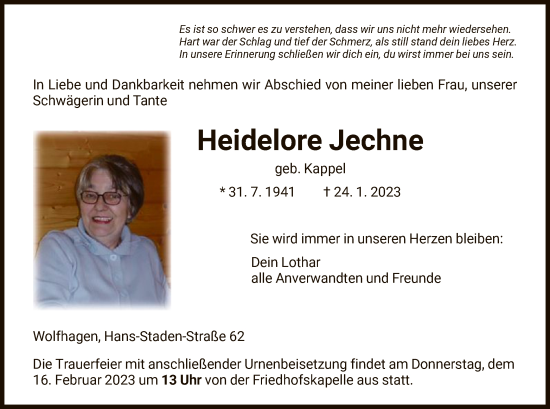 Traueranzeige von Heidelore Jechne von HNA