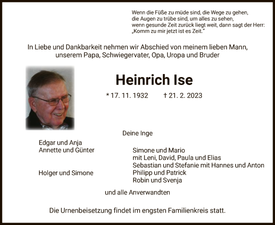 Traueranzeige von Heinrich Ise von HNA