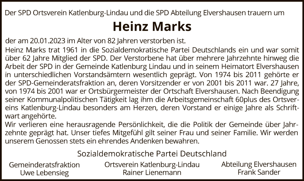  Traueranzeige für Heinz Marks vom 01.02.2023 aus HNA