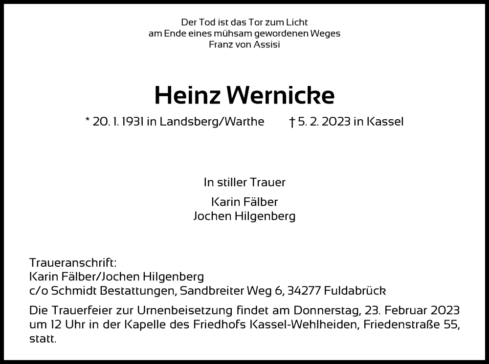  Traueranzeige für Heinz Wernicke vom 18.02.2023 aus HNA