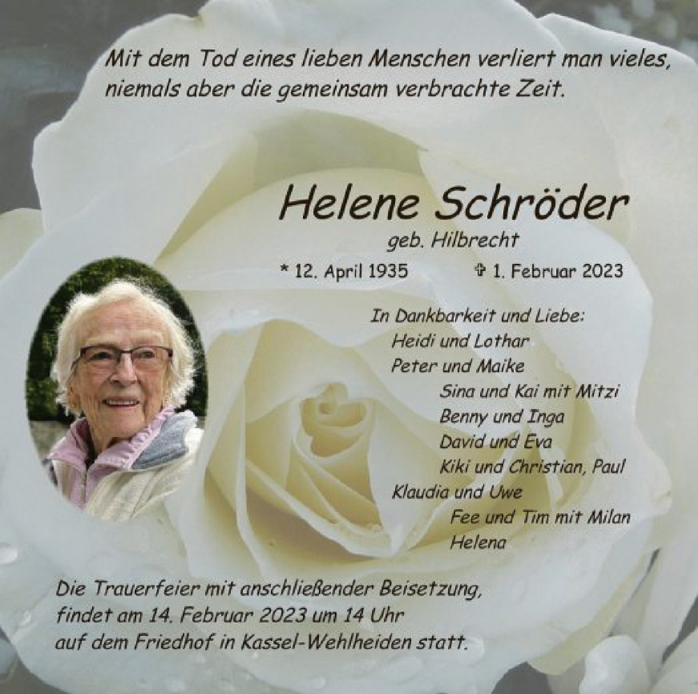  Traueranzeige für Helene Schröder vom 11.02.2023 aus HNA