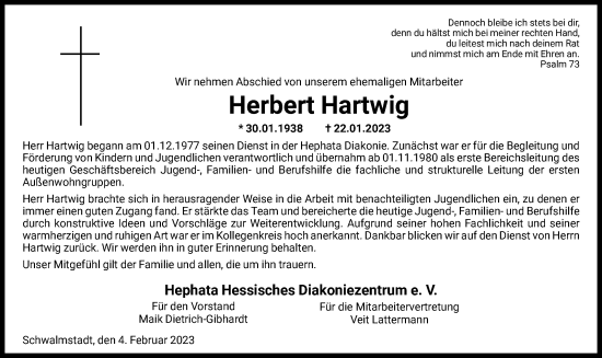 Traueranzeige von Herbert Hartwig von HNA