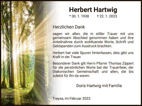 Traueranzeige von Herbert Hartwig von HNA