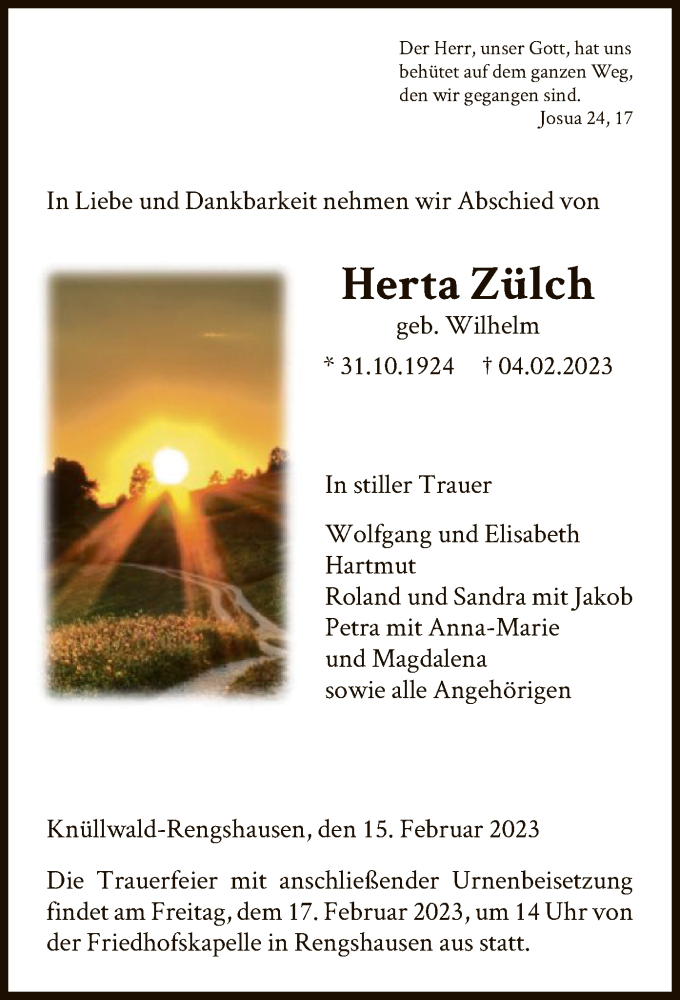  Traueranzeige für Herta Zülch vom 15.02.2023 aus HNA