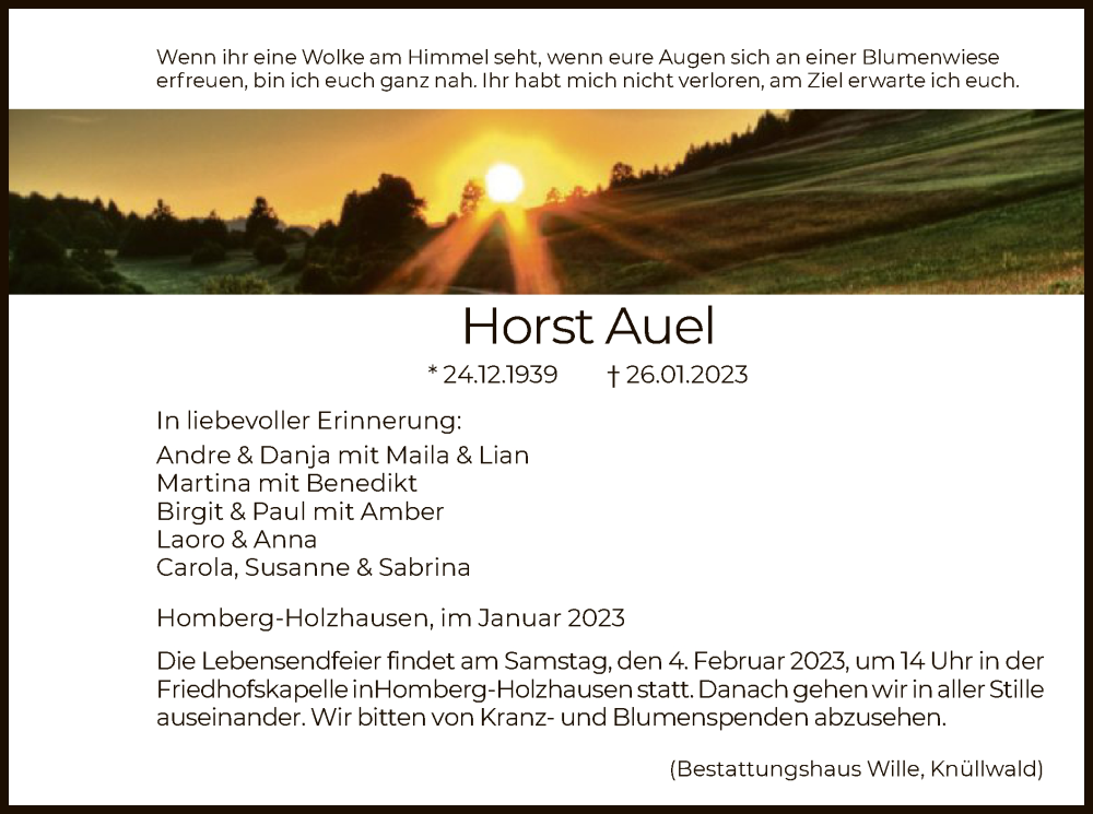  Traueranzeige für Horst Auel vom 01.02.2023 aus HNA