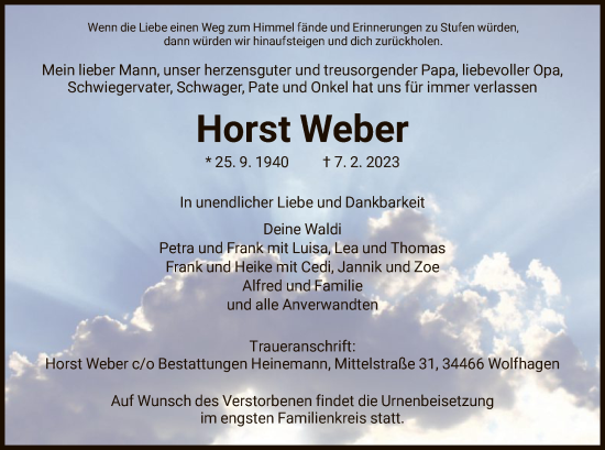 Traueranzeige von Horst Weber von HNA