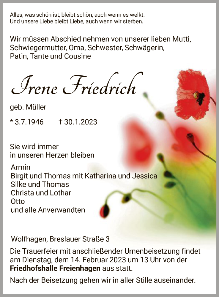  Traueranzeige für Irene Friedrich vom 11.02.2023 aus HNA