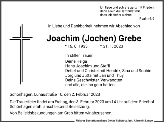Todesanzeige von Joachim Grebe von HNA