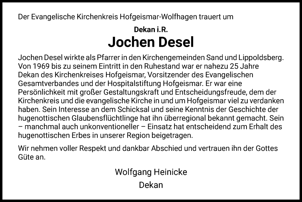  Traueranzeige für Jochen Desel vom 11.02.2023 aus HNA