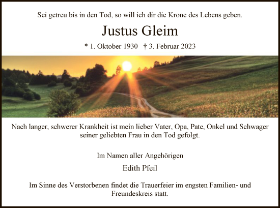 Traueranzeige von Justus Gleim von HNA