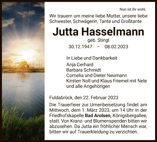 Traueranzeige von Jutta Hasselmann von HNA