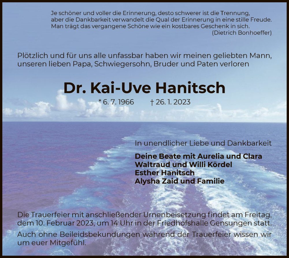  Traueranzeige für Kai-Uve Hanitsch vom 04.02.2023 aus HNA