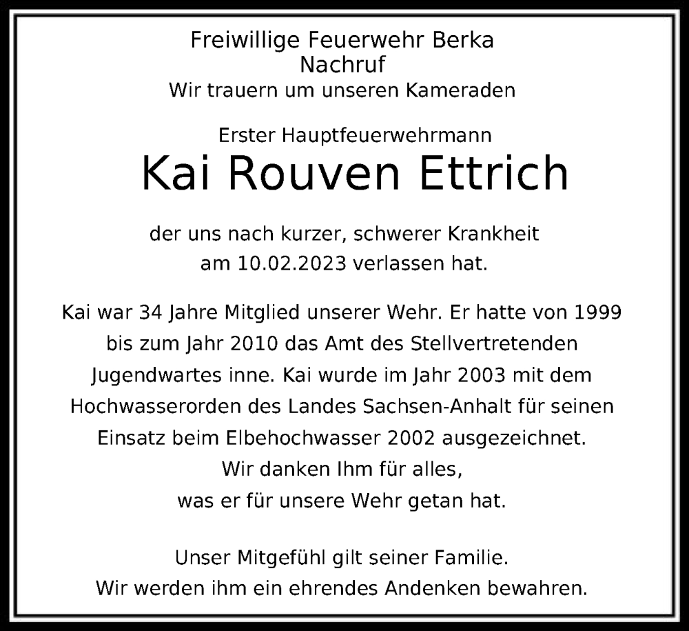  Traueranzeige für Kai Rouven Ettrich vom 25.02.2023 aus HNA