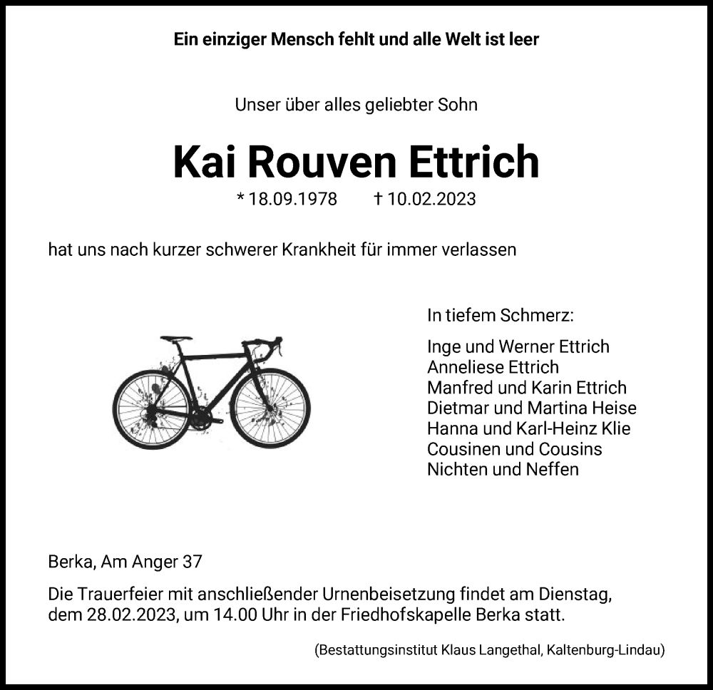  Traueranzeige für Kai Rouven Ettrich vom 22.02.2023 aus HNA