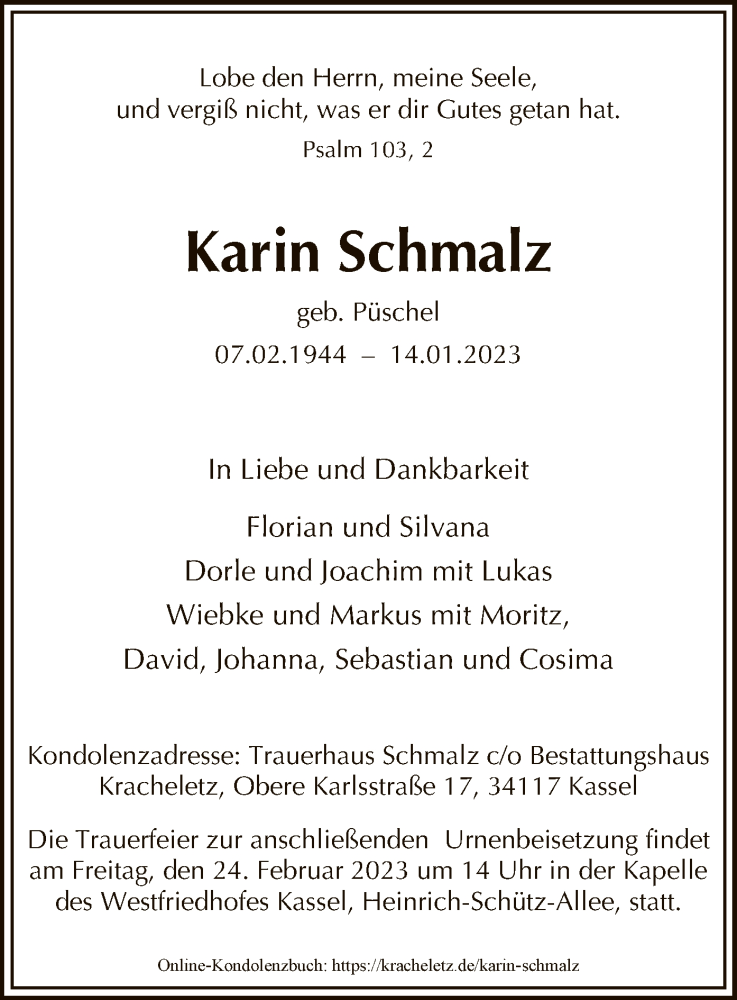  Traueranzeige für Karin Schmalz vom 11.02.2023 aus HNA