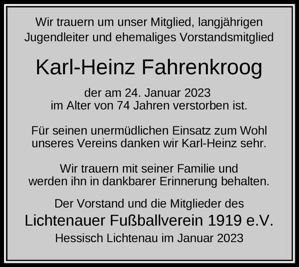  Traueranzeige für Karl-Heinz Fahrenkroog vom 03.02.2023 aus HNA