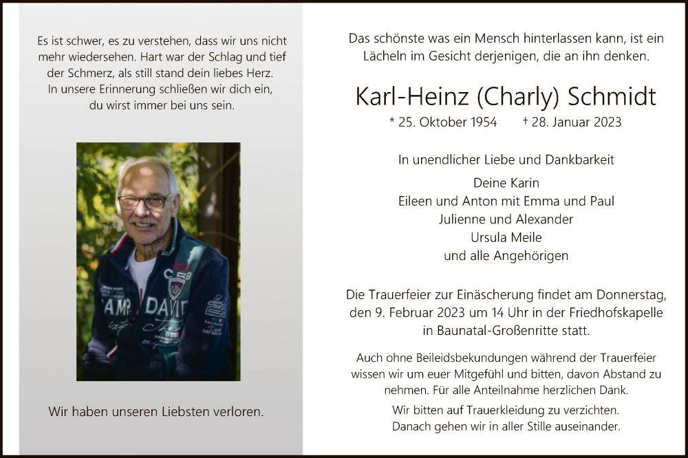  Traueranzeige für Karl-Heinz Schmidt vom 04.02.2023 aus HNA