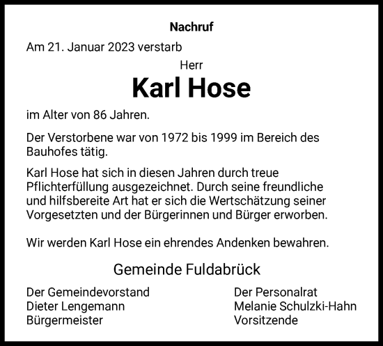 Traueranzeige von Karl Hose von HNA