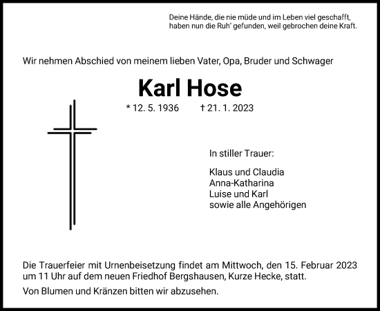 Traueranzeige von Karl Hose von HNA