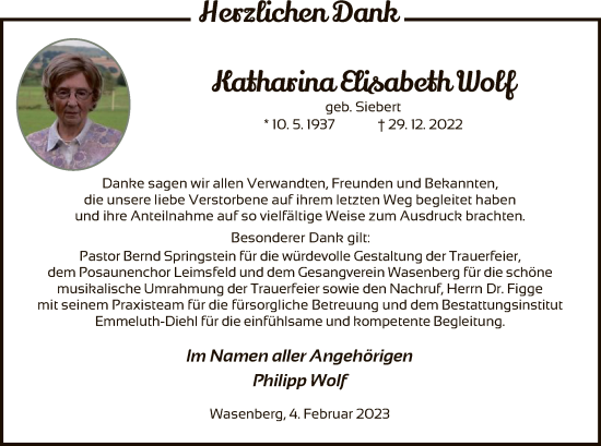 Traueranzeige von Katharina Elisabeth Wolf von HNA