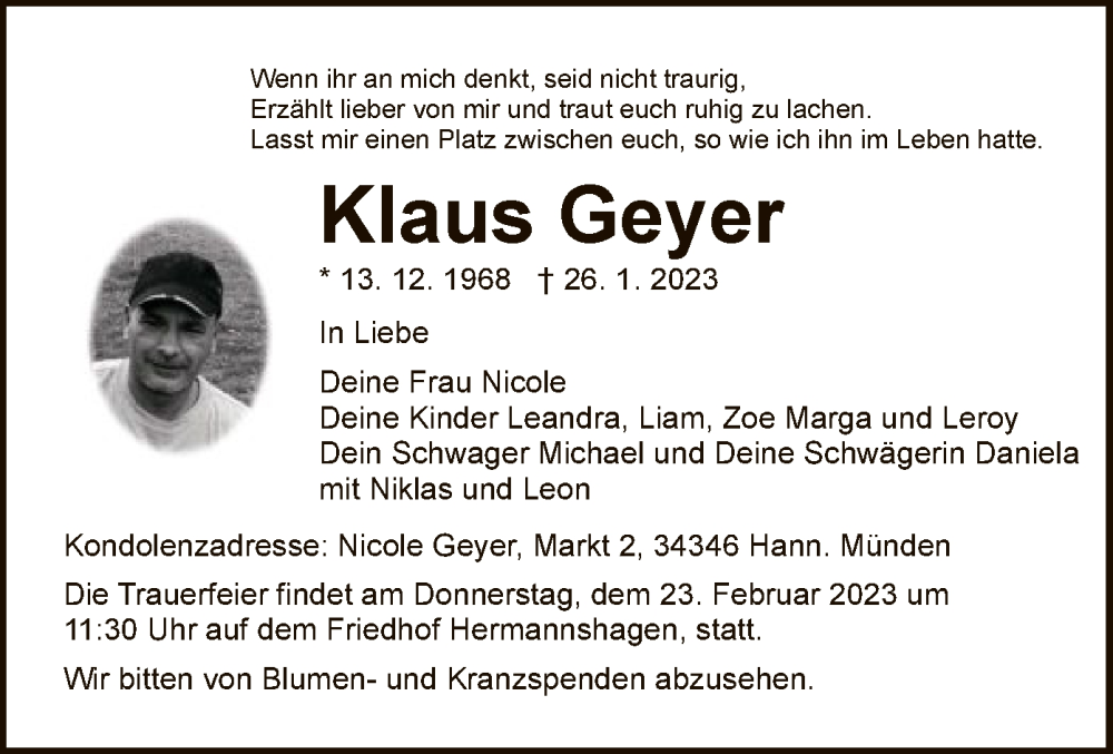  Traueranzeige für Klaus Geyer vom 11.02.2023 aus HNA