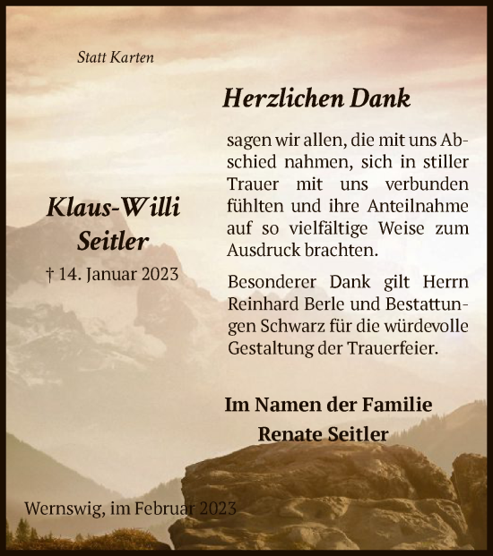 Traueranzeige von Klaus-Willi Seitler von HNA