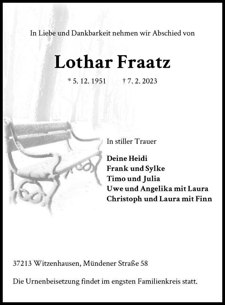  Traueranzeige für Lothar Fraatz vom 11.02.2023 aus HNA