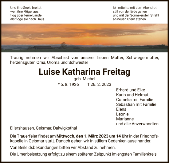 Traueranzeige von Luise Katharina Freitag von HNA