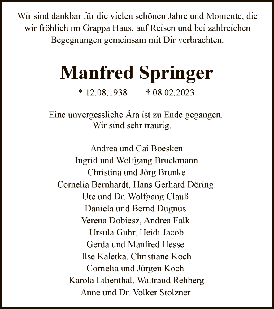  Traueranzeige für Manfred Springer vom 24.02.2023 aus HNA