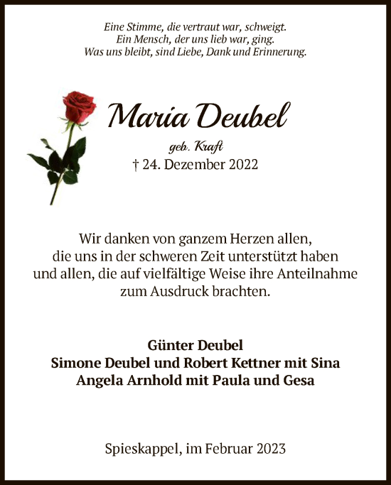 Traueranzeige von Maria Deubel von HNA