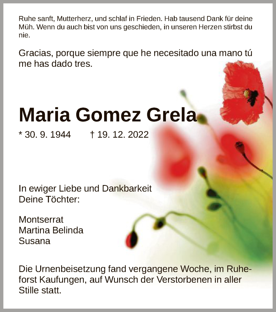  Traueranzeige für Maria Gomez Grela vom 11.02.2023 aus HNA